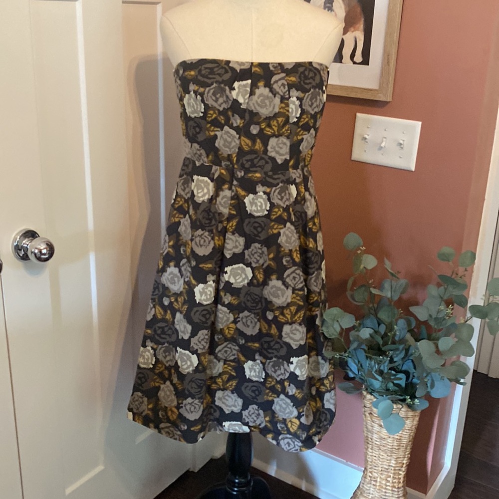 J. Crew Marielle Solstice floral strapless pockets gray gold 10 zipper dress - Picture 1 of 16